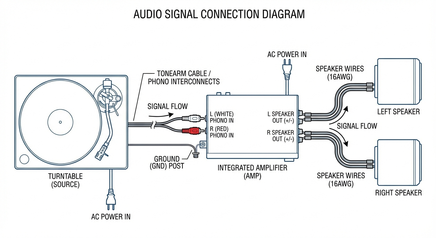 Turntable signal chain diagram — from cartridge to speakers