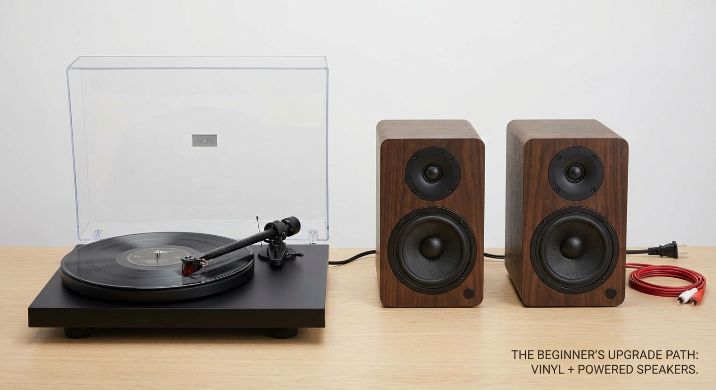 Powered bookshelf speakers connected to a turntable — the most popular beginner setup