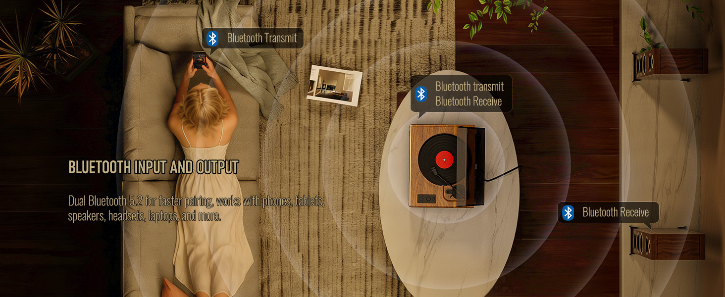 Bluetooth record player connected wirelessly to bookshelf speakers