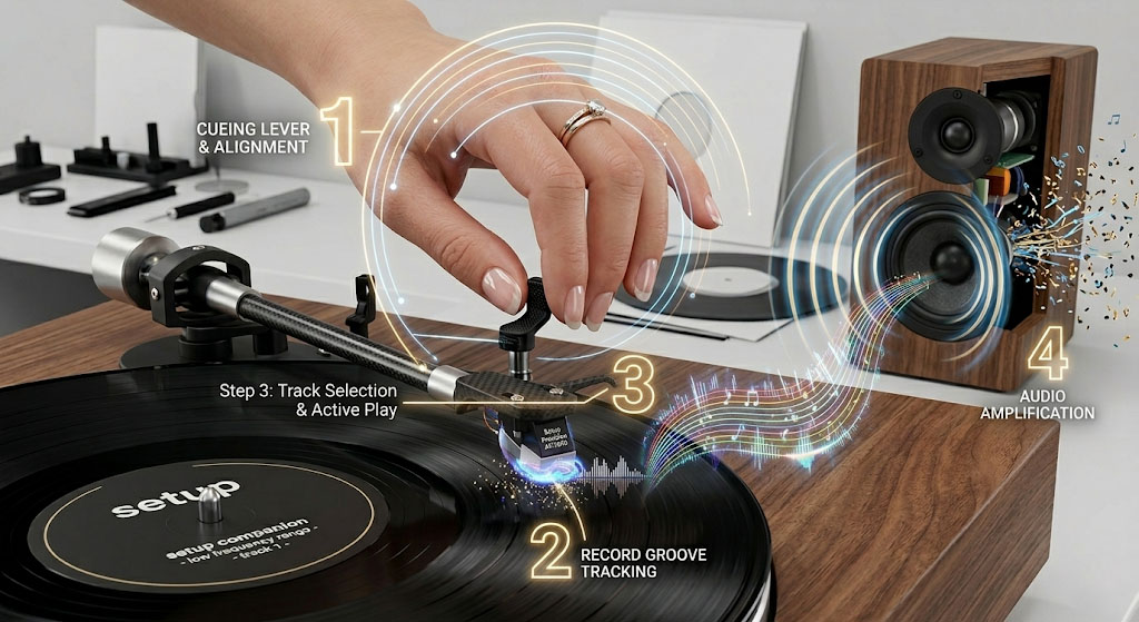 Lowering the tonearm onto a vinyl record — first record player setup