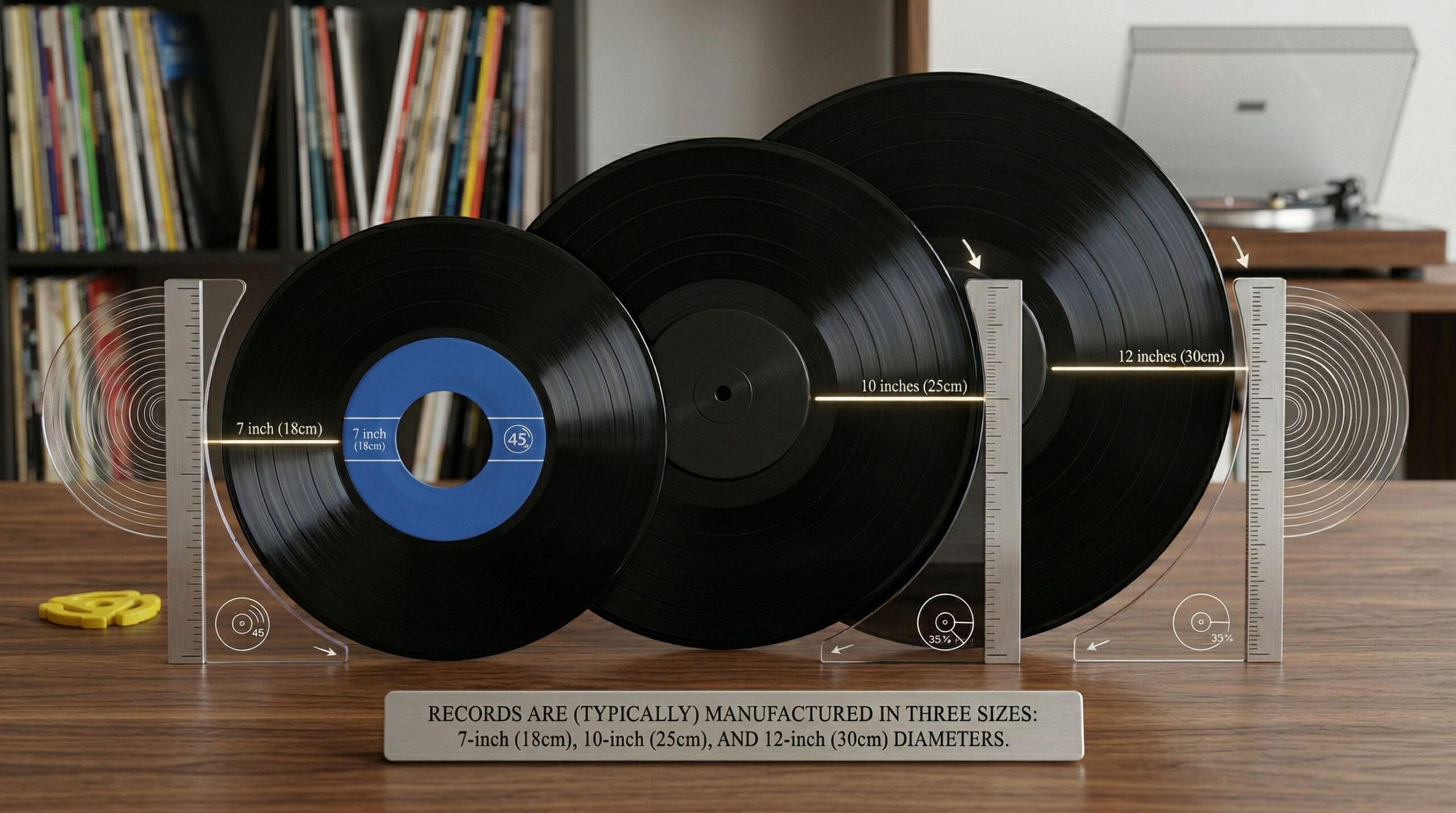 Vinyl record sizes comparison — 7 inch, 10 inch and 12 inch records side by side