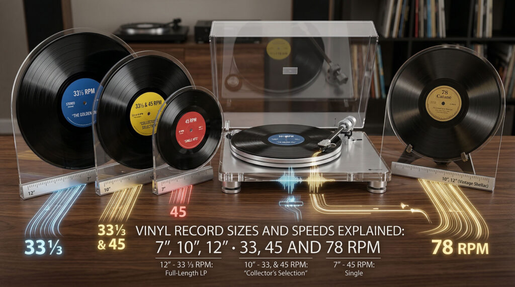 vinyl record sizes and speeds explained 7, 10, 12 · 33, 45 and 78 rpm