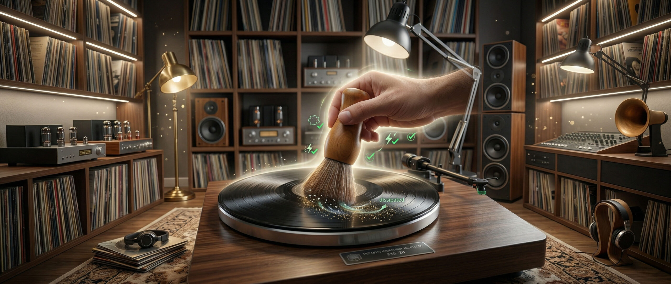Carbon fibre anti-static brush cleaning a vinyl record