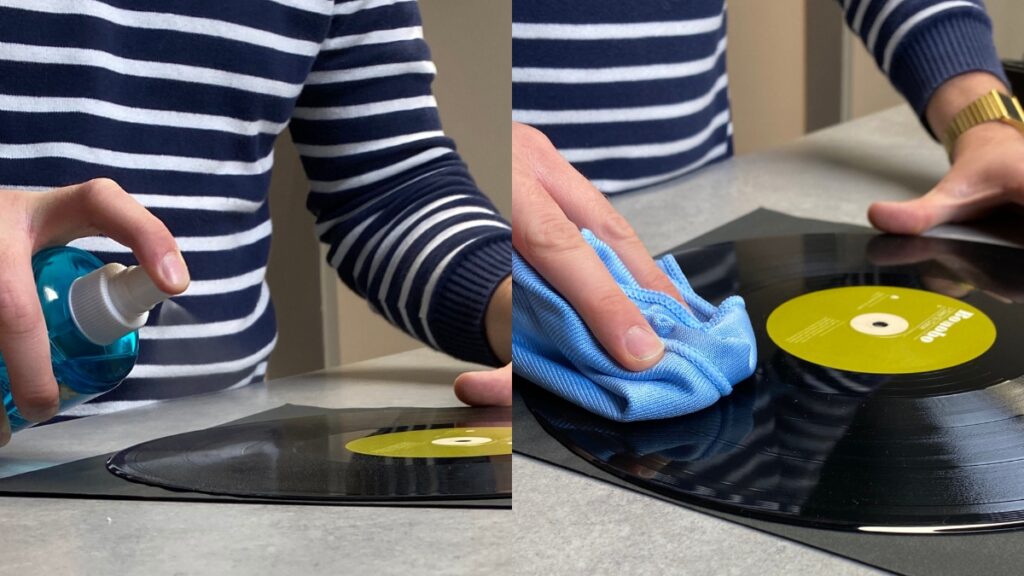 Cleaning a vinyl record before playing on a record player