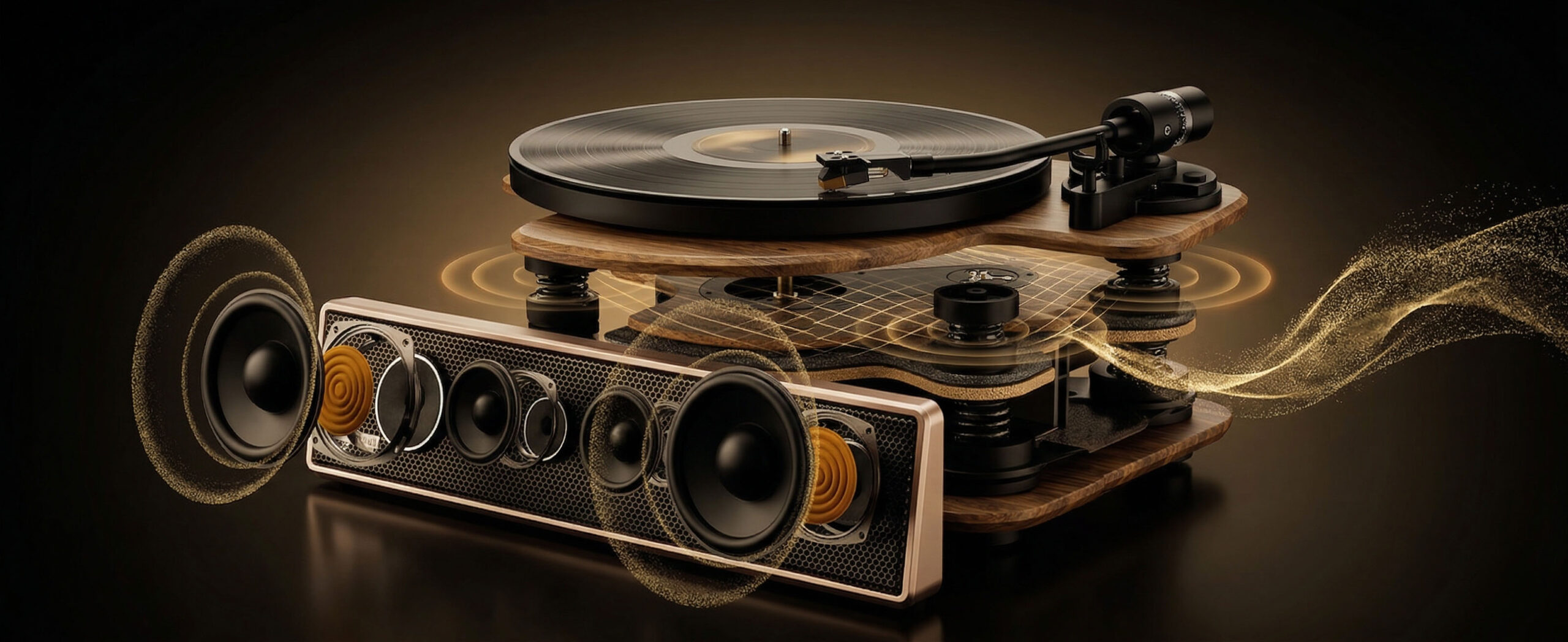 Arkrocket Huygens built-in speaker turntable — isolation design between speakers and platter